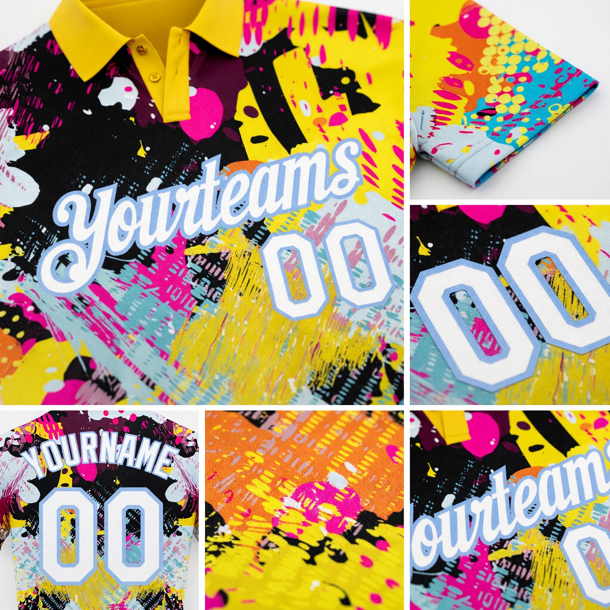 Custom Graffiti Pattern White-Light Blue 3D Bright Psychedelic Performance Golf Polo Shirt detail