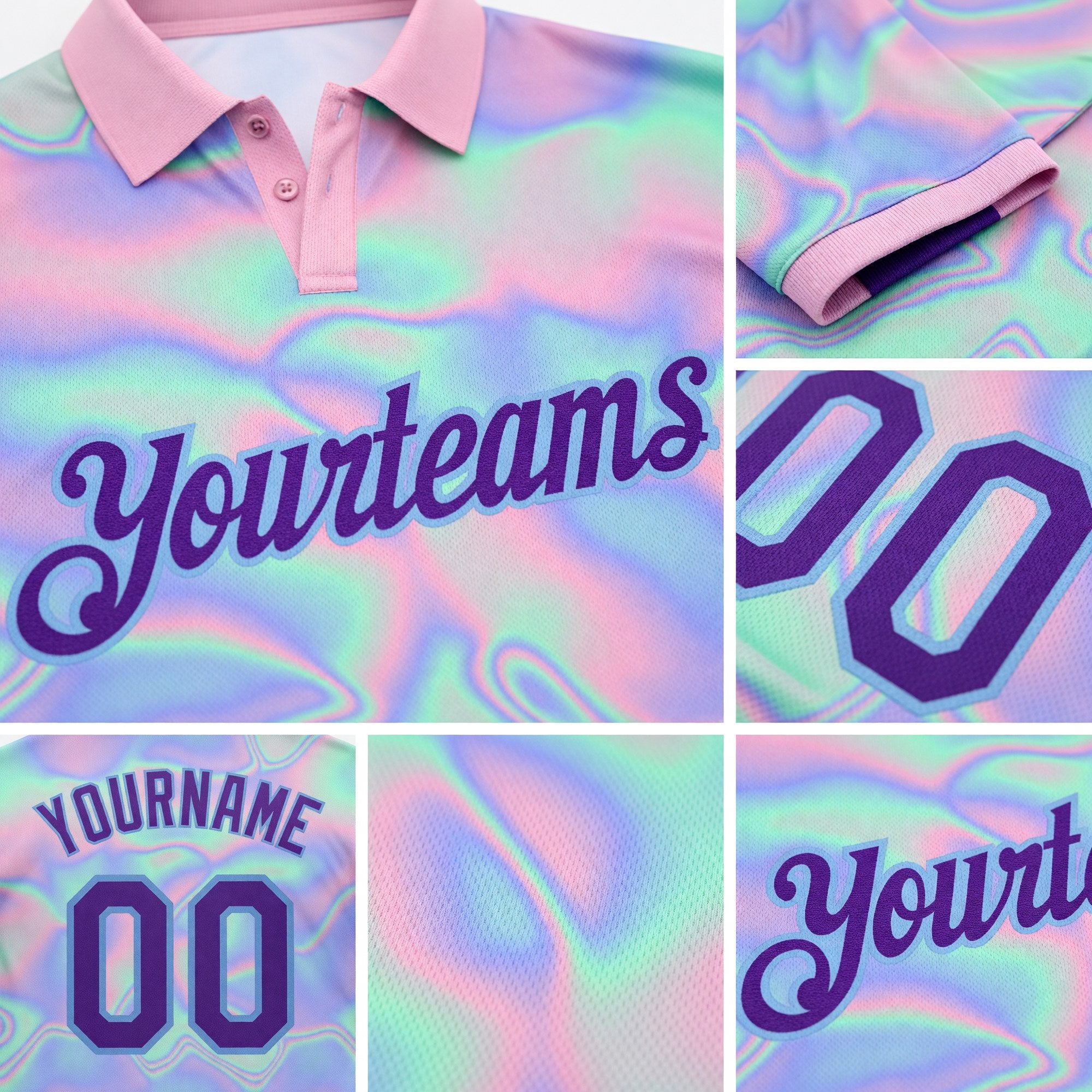 Custom Light Blue Purple 3D Pattern Design Abstract Trendy Holographic Vaporwave Style Performance Golf Polo Shirt detail
