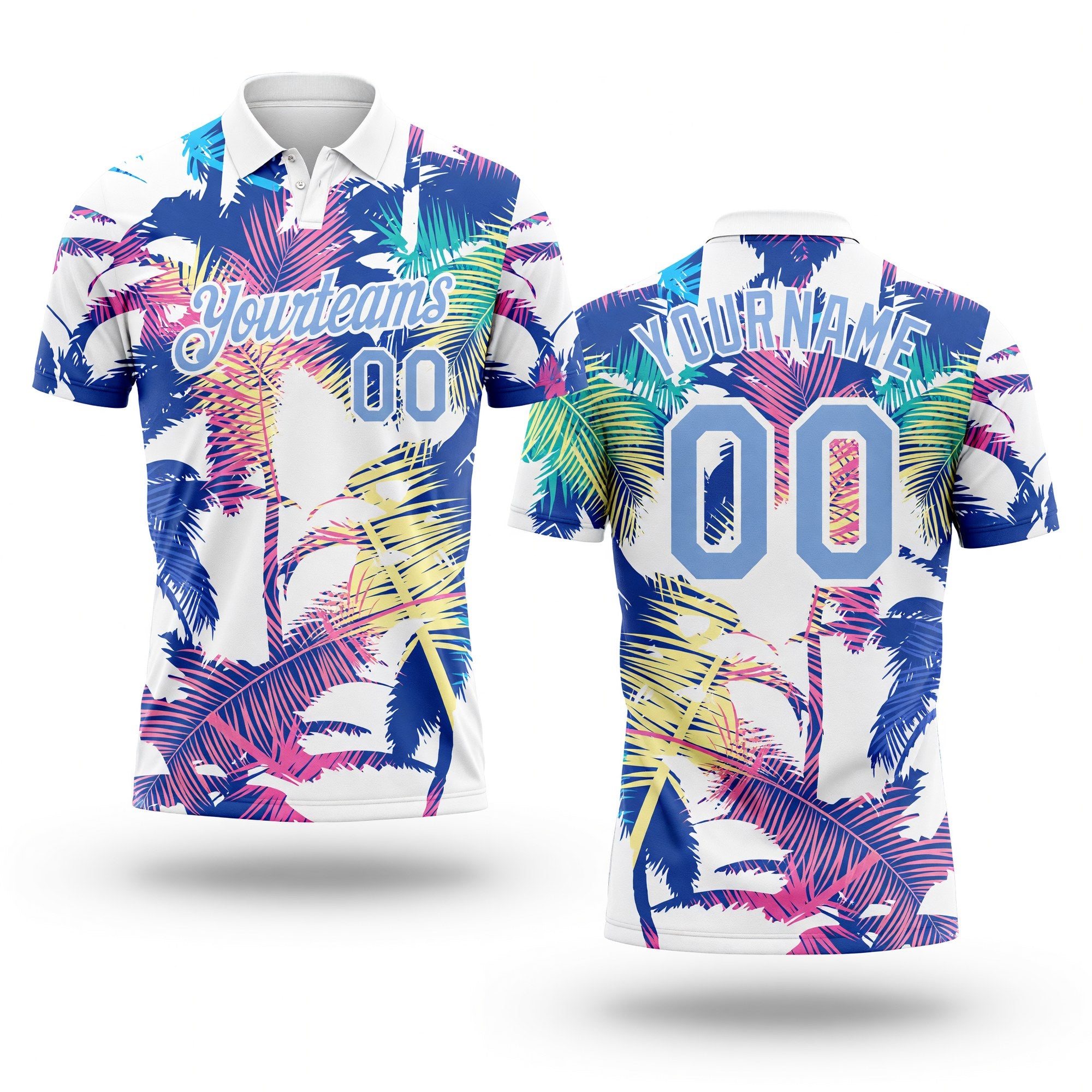 Custom White Light Blue 3D Pattern Design Hawaii Palm Trees Performance Golf Polo Shirt