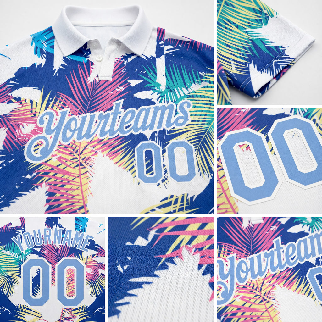 Custom White Light Blue 3D Pattern Design Hawaii Palm Trees Performance Golf Polo Shirt detail