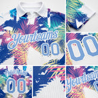 Custom White Light Blue 3D Pattern Design Hawaii Palm Trees Performance Golf Polo Shirt detail