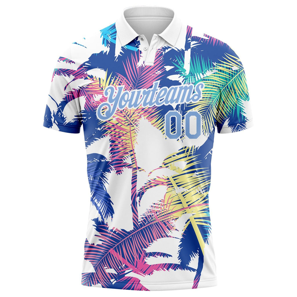 Custom White Light Blue 3D Pattern Design Hawaii Palm Trees Performance Golf Polo Shirt photo 1