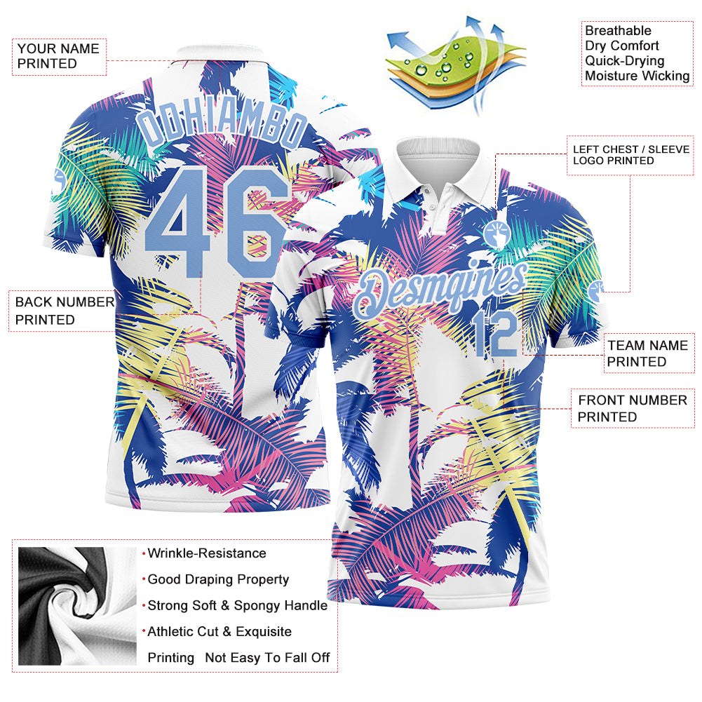 Custom White Light Blue 3D Pattern Design Hawaii Palm Trees Performance Golf Polo Shirt photo 2