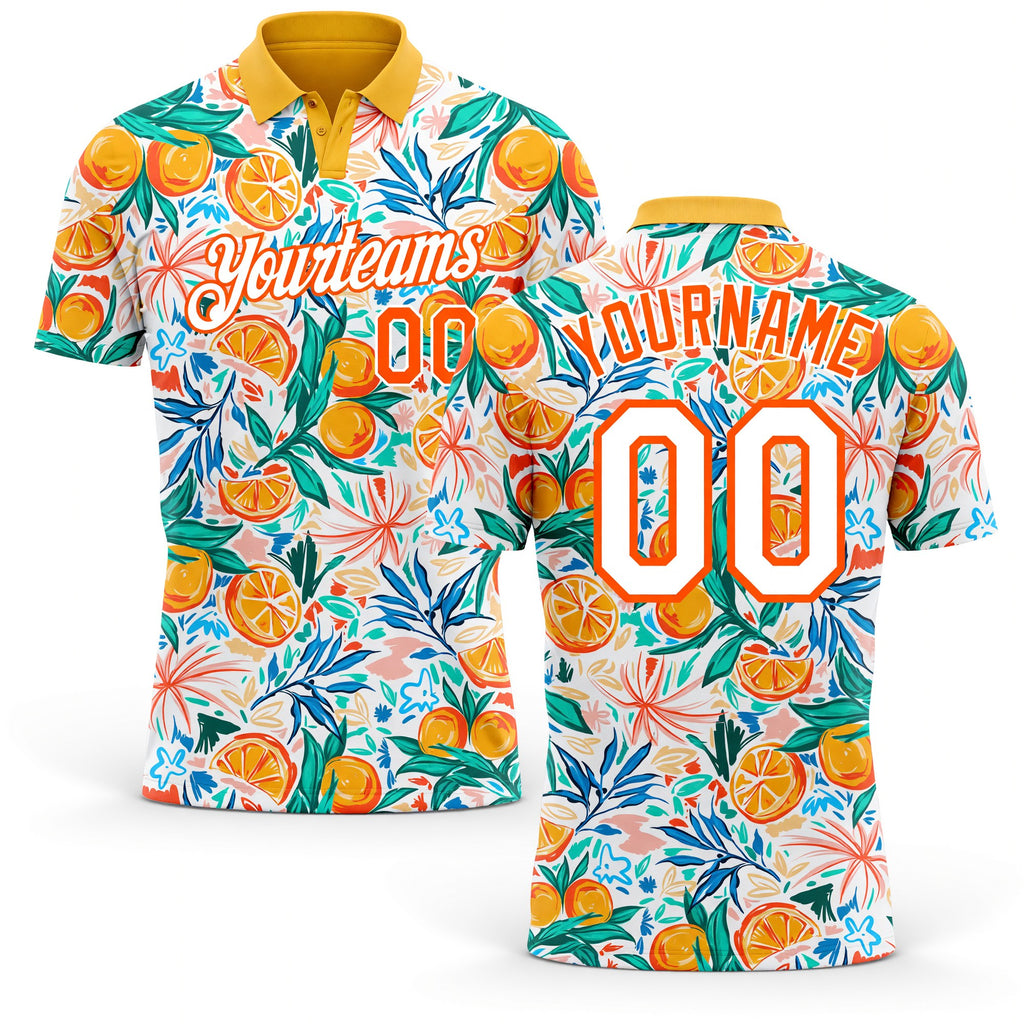 Custom Orange White 3D Pattern Design Fruits Performance Golf Polo Shirt