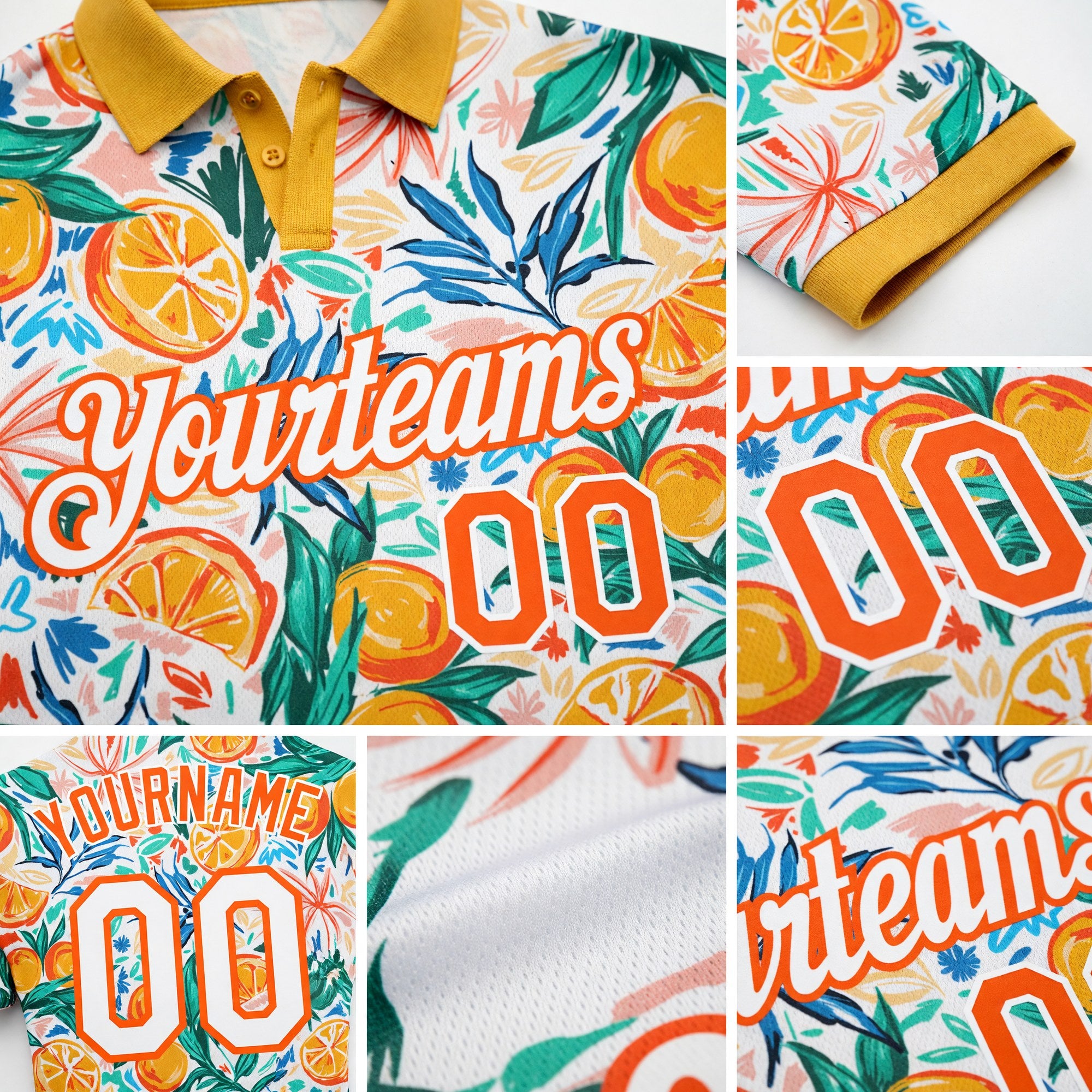 Custom Orange White 3D Pattern Design Fruits Performance Golf Polo Shirt detail
