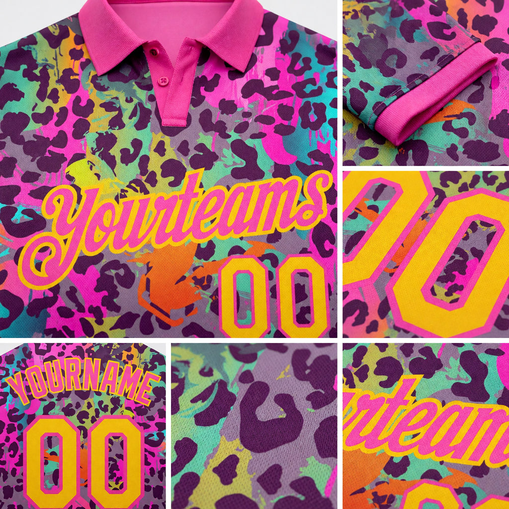 Custom Graffiti Pattern Yellow-Pink 3D Colorful Leopard Print Performance Golf Polo Shirt detail