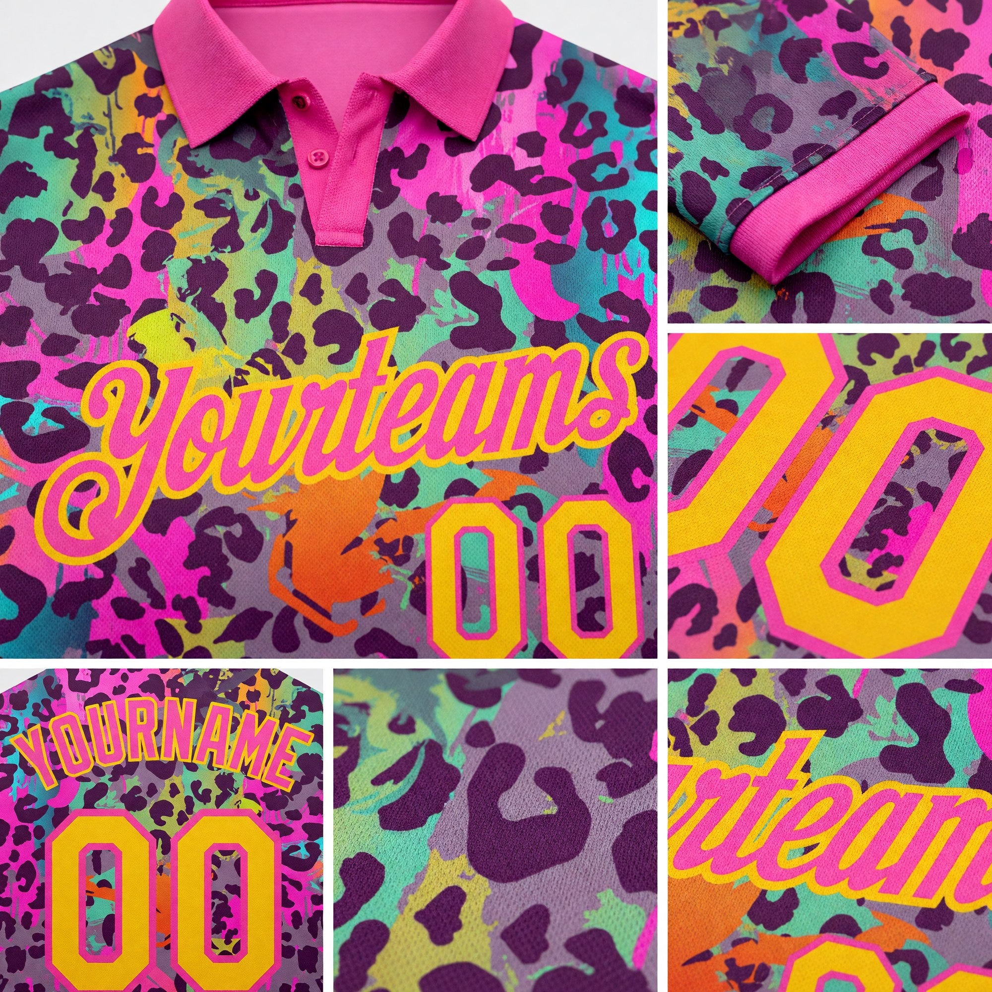 Custom Graffiti Pattern Yellow-Pink 3D Colorful Leopard Print Performance Golf Polo Shirt detail