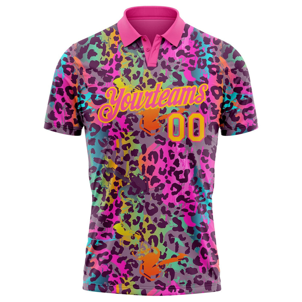 Custom Graffiti Pattern Yellow-Pink 3D Colorful Leopard Print Performance Golf Polo Shirt photo 2