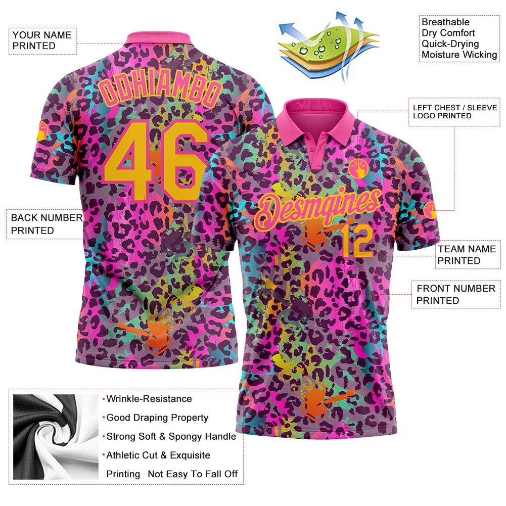Custom Graffiti Pattern Yellow-Pink 3D Colorful Leopard Print Performance Golf Polo Shirt photo 3