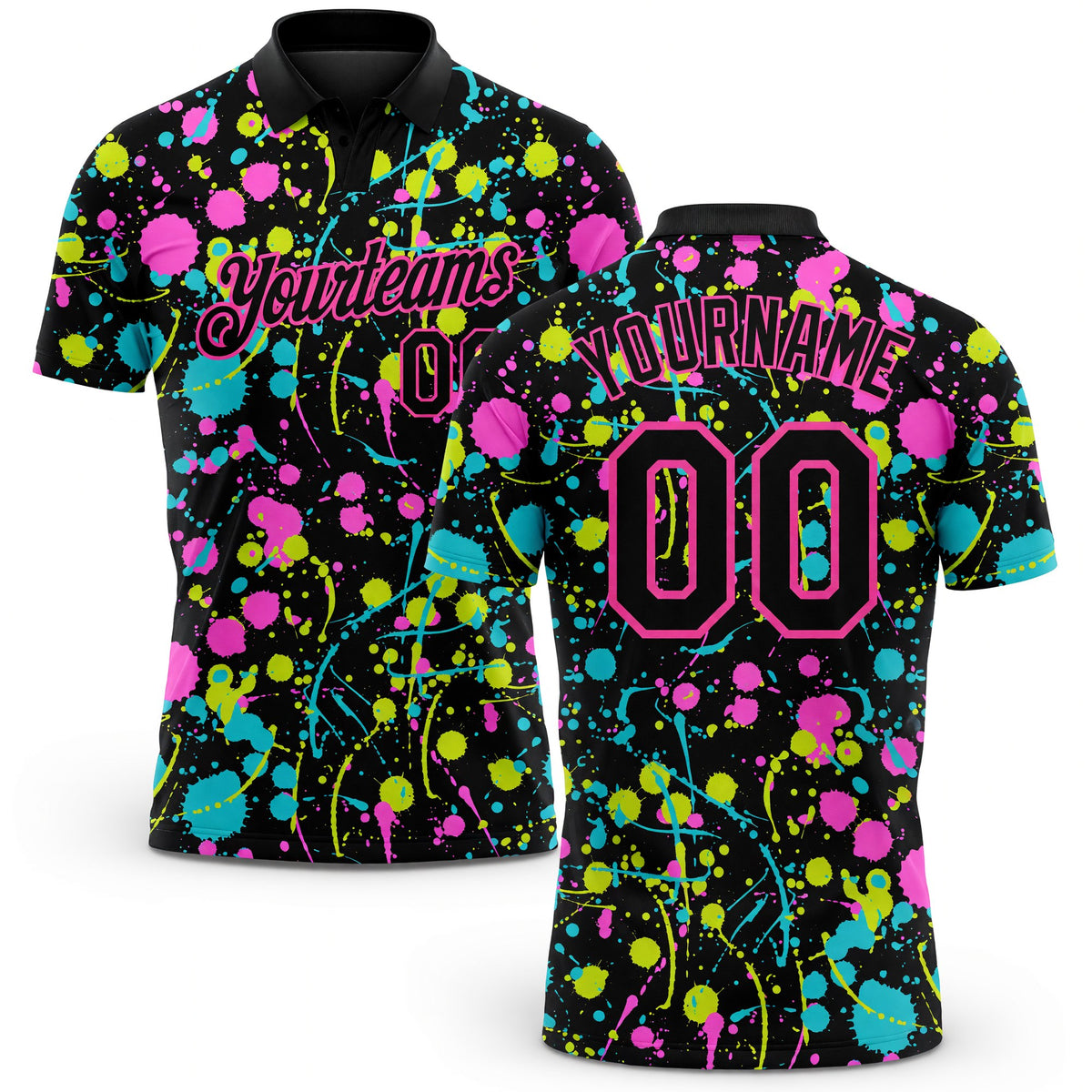 Custom Graffiti Pattern Black-Pink 3D Neon Splatter Performance Golf Polo Shirt