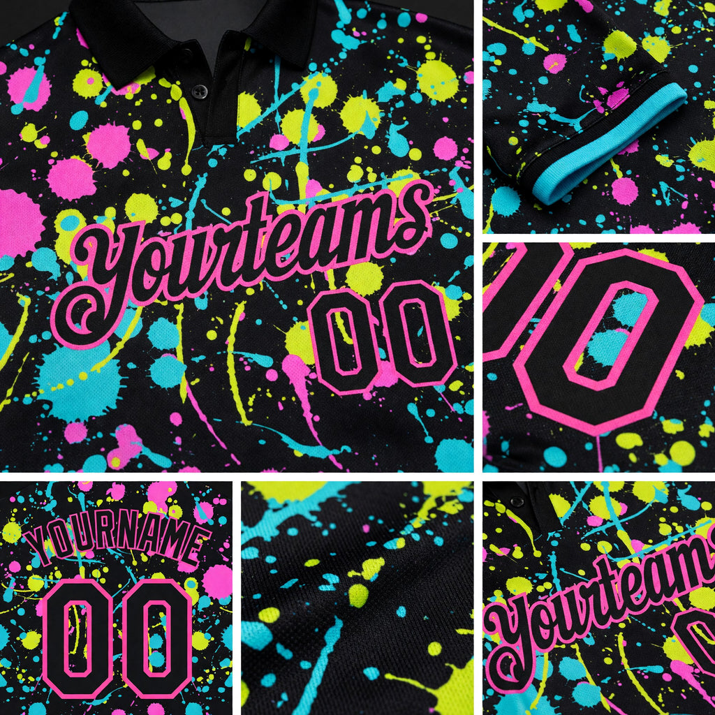 Custom Graffiti Pattern Black-Pink 3D Neon Splatter Performance Golf Polo Shirt detail