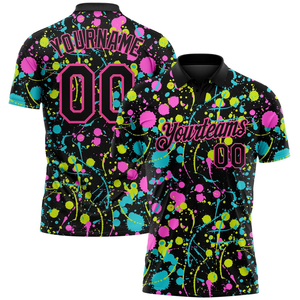 Custom Graffiti Pattern Black-Pink 3D Neon Splatter Performance Golf Polo Shirt photo 1