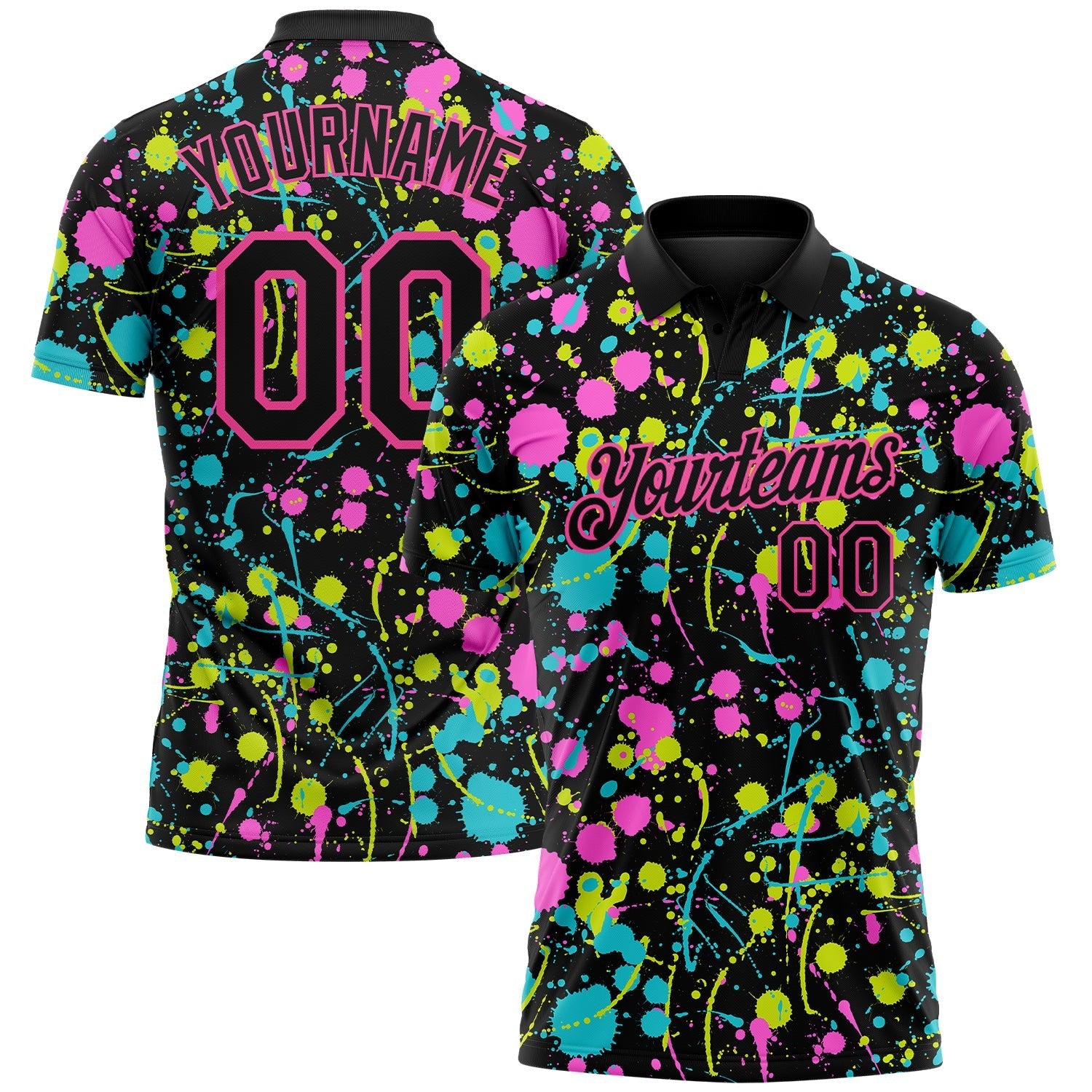 Custom Graffiti Pattern Black-Pink 3D Neon Splatter Performance Golf Polo Shirt photo 1