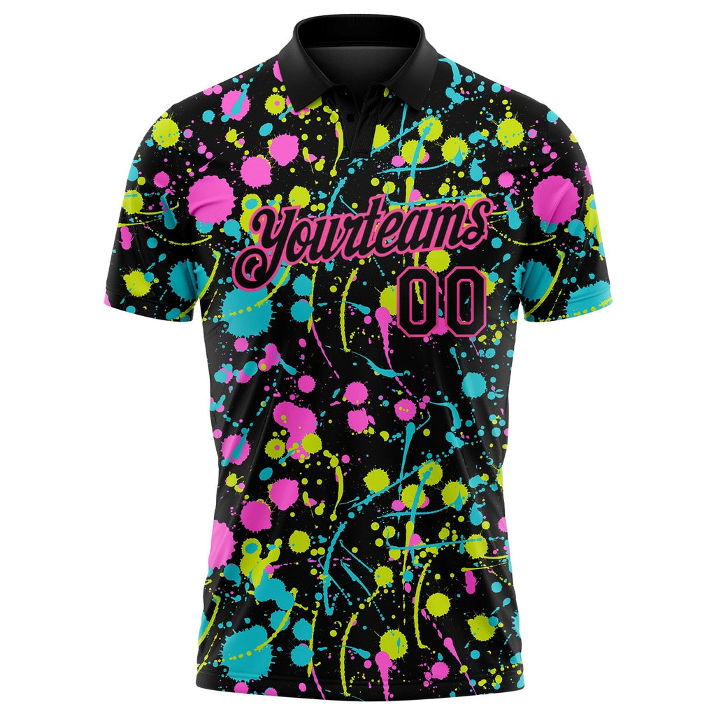 Custom Graffiti Pattern Black-Pink 3D Neon Splatter Performance Golf Polo Shirt photo 2