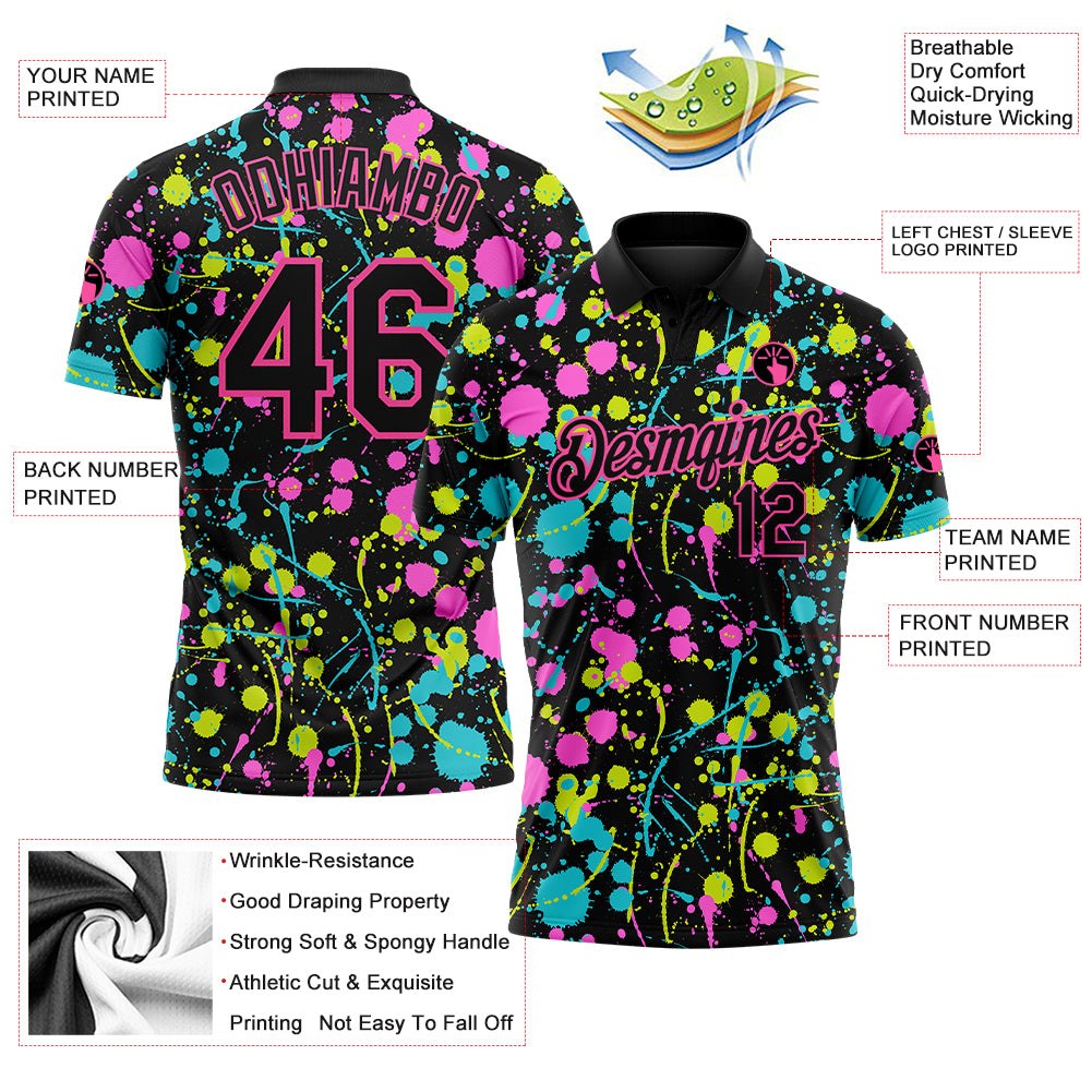 Custom Graffiti Pattern Black-Pink 3D Neon Splatter Performance Golf Polo Shirt photo 3