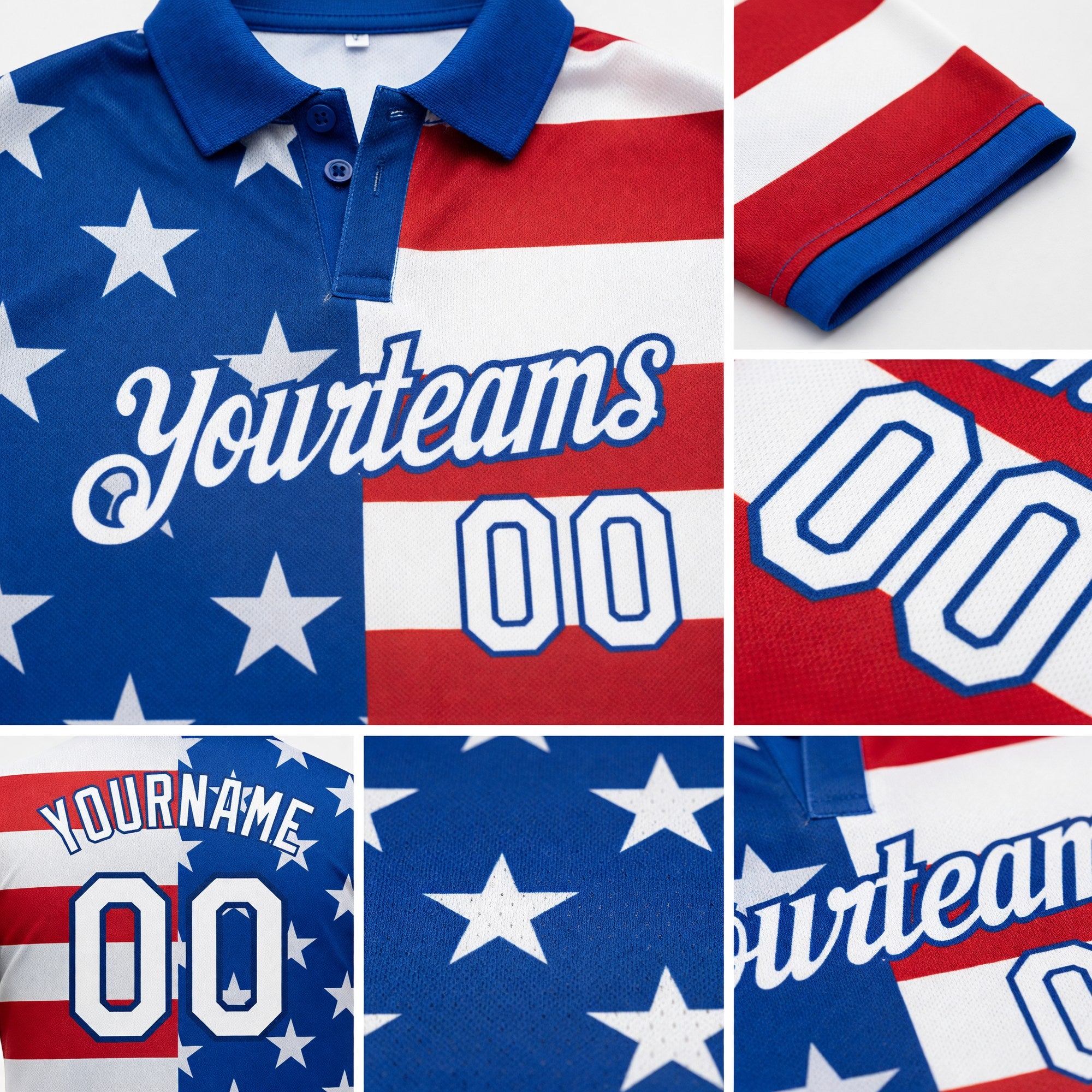 Custom Royal White Red 3D American Flag Performance Golf Polo Shirt detail