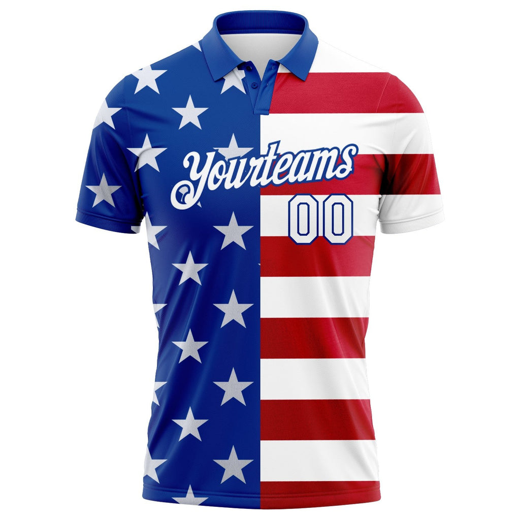 Custom Royal White Red 3D American Flag Performance Golf Polo Shirt photo 2