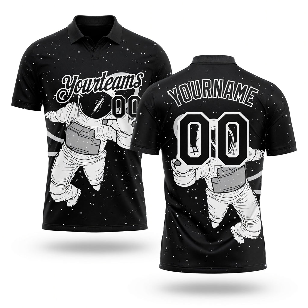 Custom Black White 3D Pattern Design Astronaut Performance Golf Polo Shirt