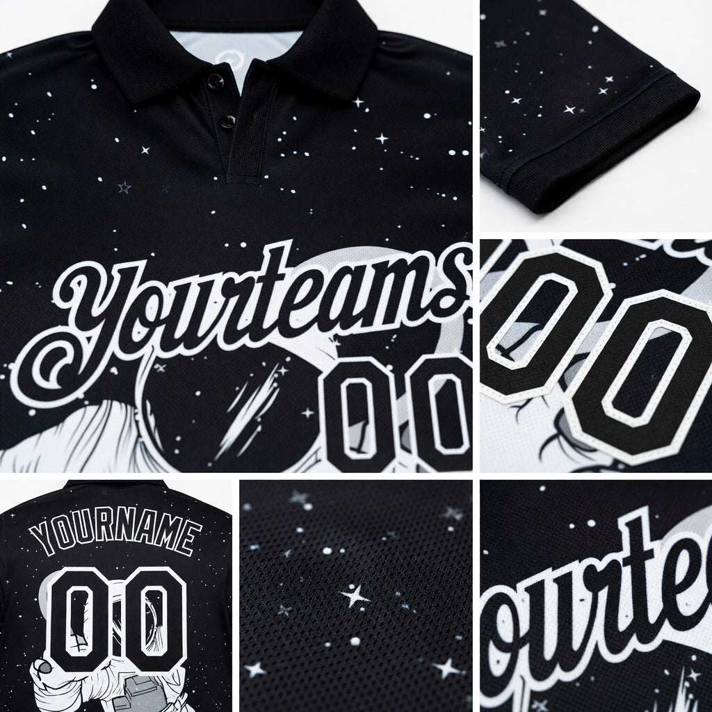 Custom Black White 3D Pattern Design Astronaut Performance Golf Polo Shirt detail