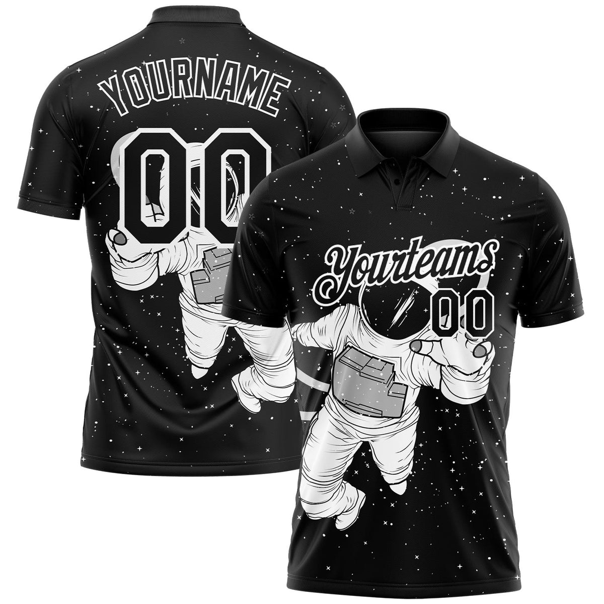 Custom Black White 3D Pattern Design Astronaut Performance Golf Polo Shirt photo 1