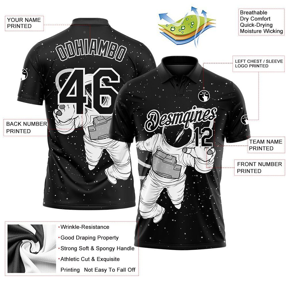 Custom Black White 3D Pattern Design Astronaut Performance Golf Polo Shirt photo 3