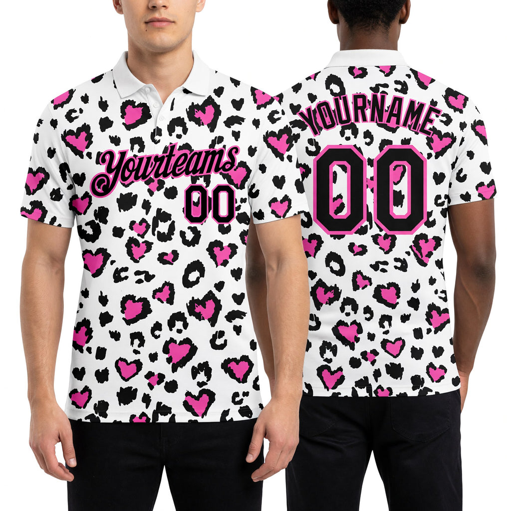 Custom White Black-Pink 3D Pattern Design Leopard Print Performance Golf Polo Shirt worn front and back