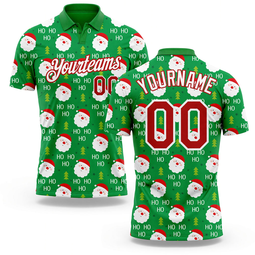 Custom Grass Green Red-White 3D Christmas Performance Golf Polo Shirt