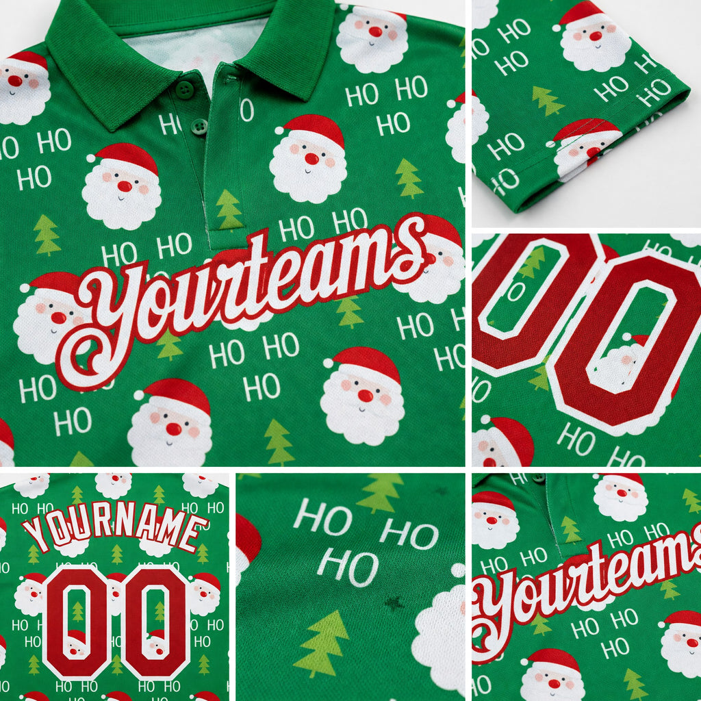 Custom Grass Green Red-White 3D Christmas Performance Golf Polo Shirt detail