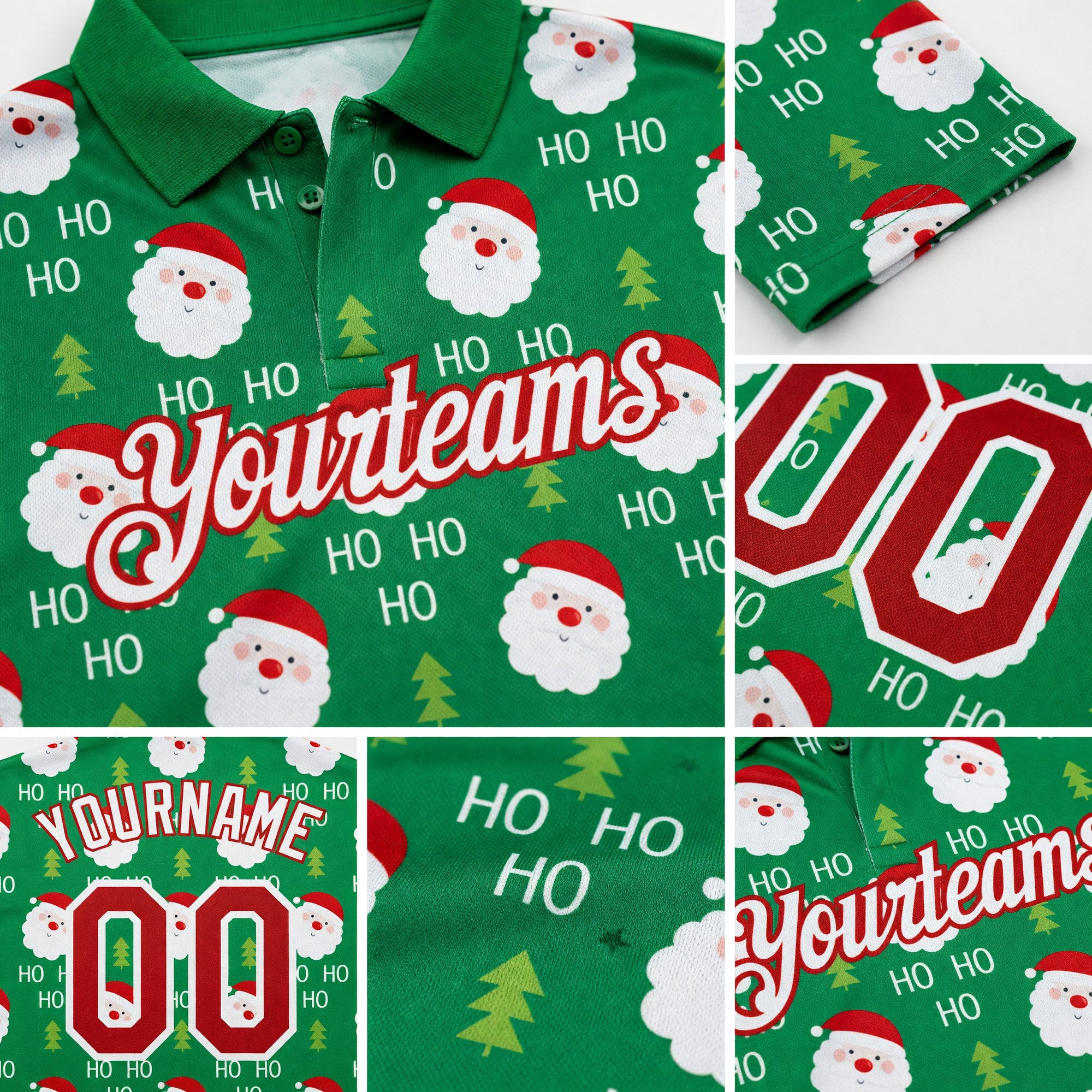 Custom Grass Green Red-White 3D Christmas Performance Golf Polo Shirt detail