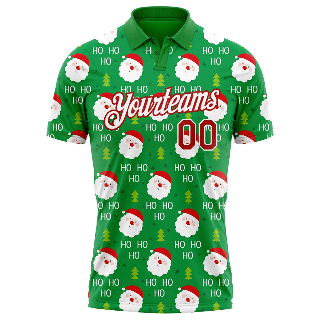 Custom Grass Green Red-White 3D Christmas Performance Golf Polo Shirt photo 2