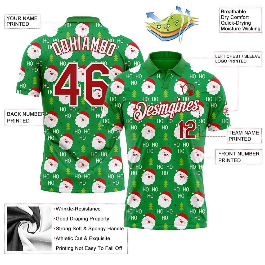 Custom Grass Green Red-White 3D Christmas Performance Golf Polo Shirt photo 3