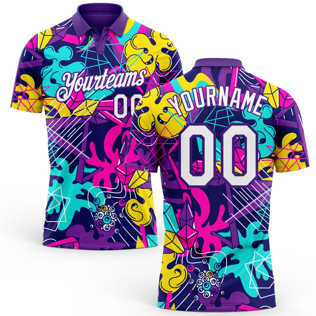 Custom Graffiti Pattern White-Purple 3D Performance Golf Polo Shirt