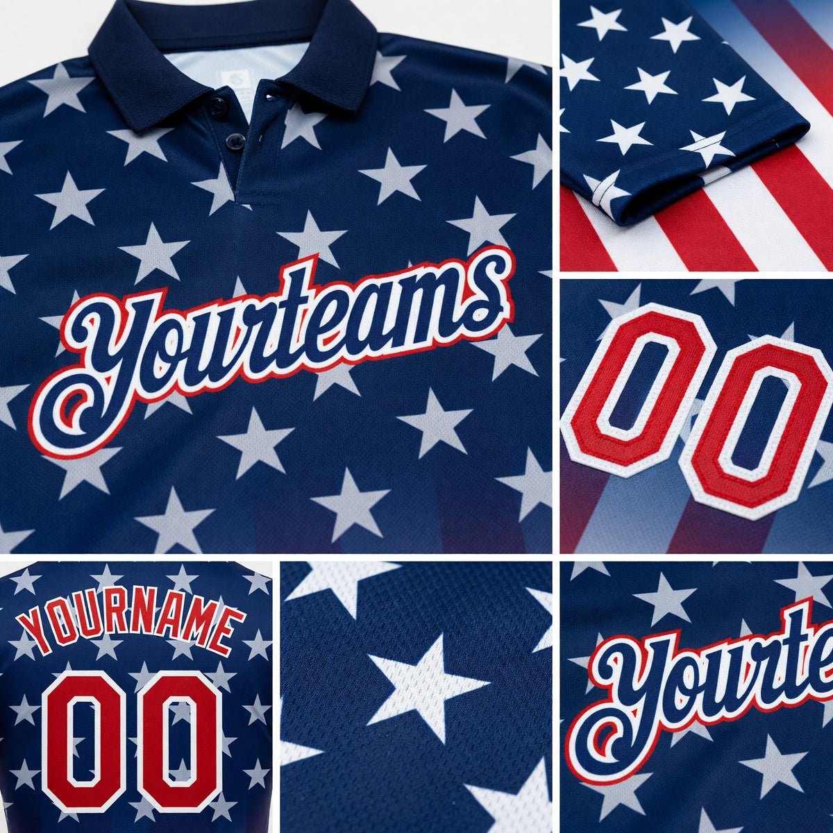 Custom Blue Red-White 3D American Flag Performance Golf Polo Shirt detail