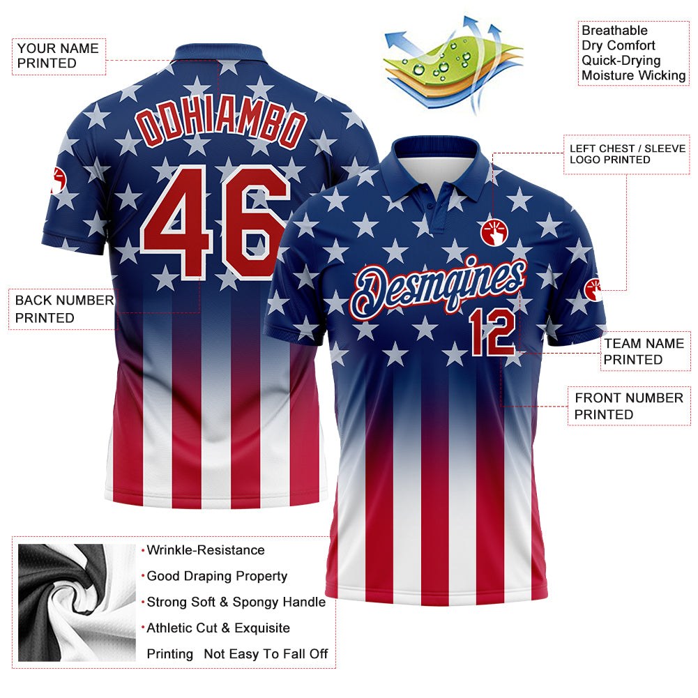 Custom Blue Red-White 3D American Flag Performance Golf Polo Shirt photo 3