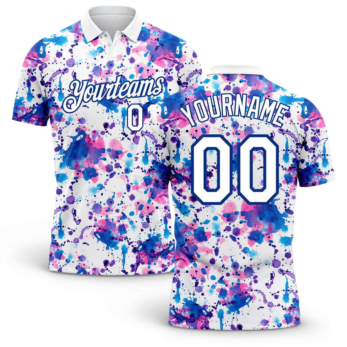 Custom Graffiti Pattern White-Royal 3D Abstract Watercolor Performance Golf Polo Shirt