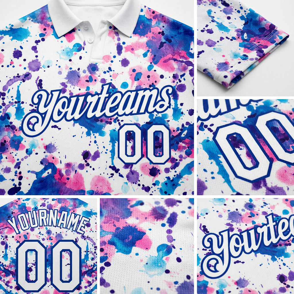 Custom Graffiti Pattern White-Royal 3D Abstract Watercolor Performance Golf Polo Shirt detail