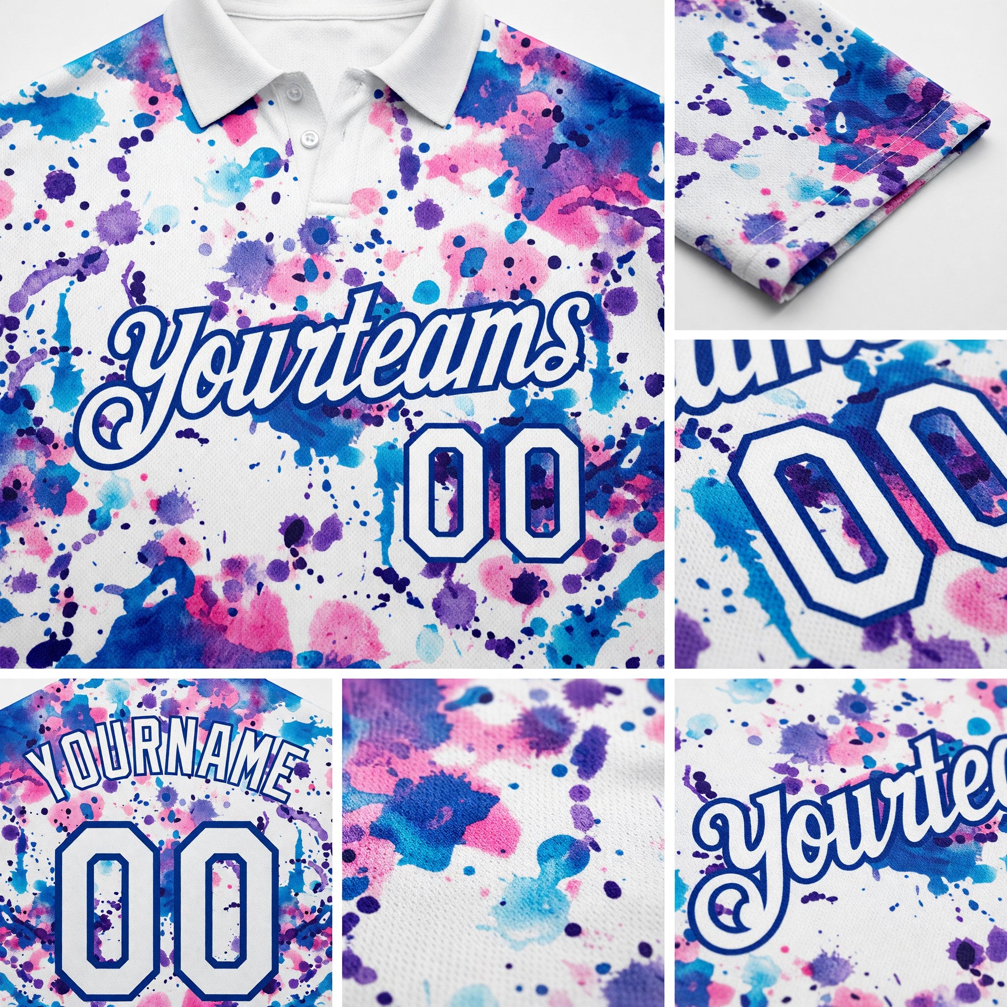 Custom Graffiti Pattern White-Royal 3D Abstract Watercolor Performance Golf Polo Shirt detail