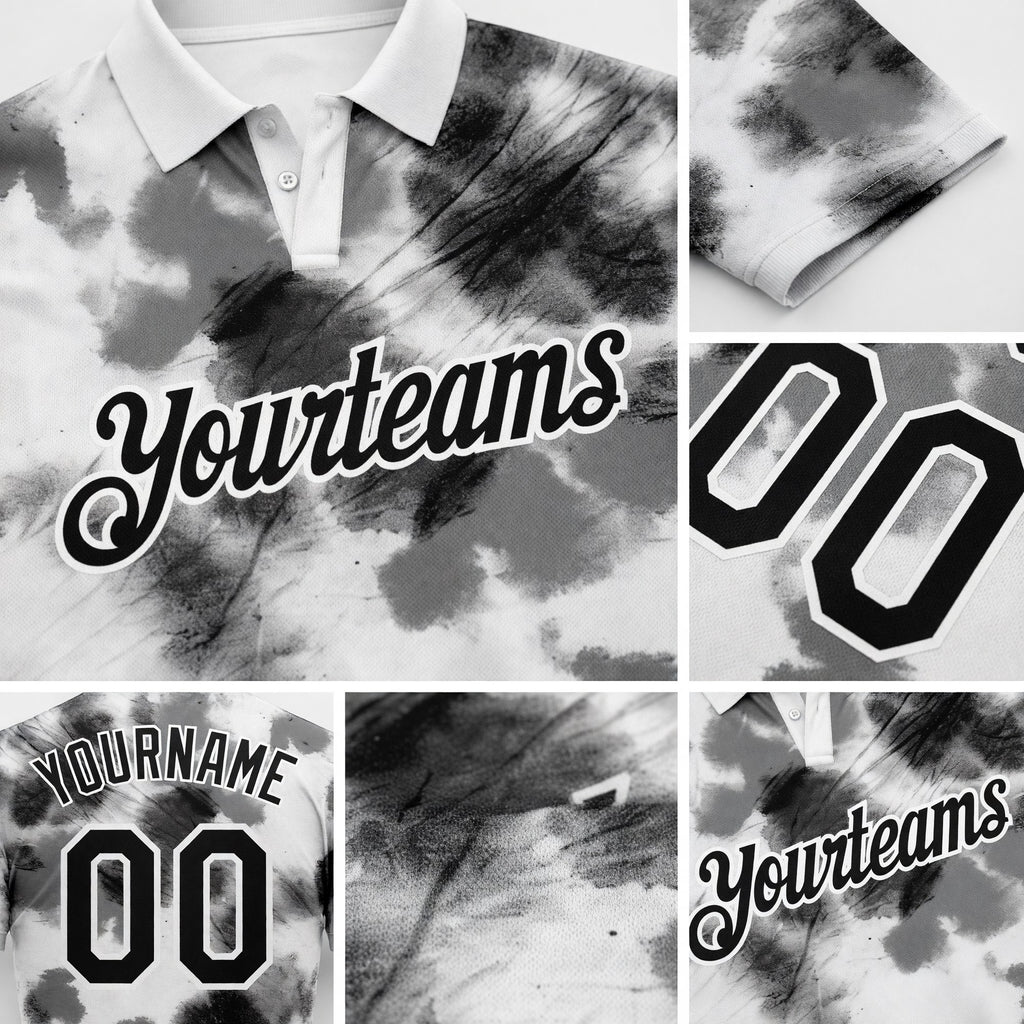 Custom Tie Dye Black-White 3D Performance Golf Polo Shirt detail