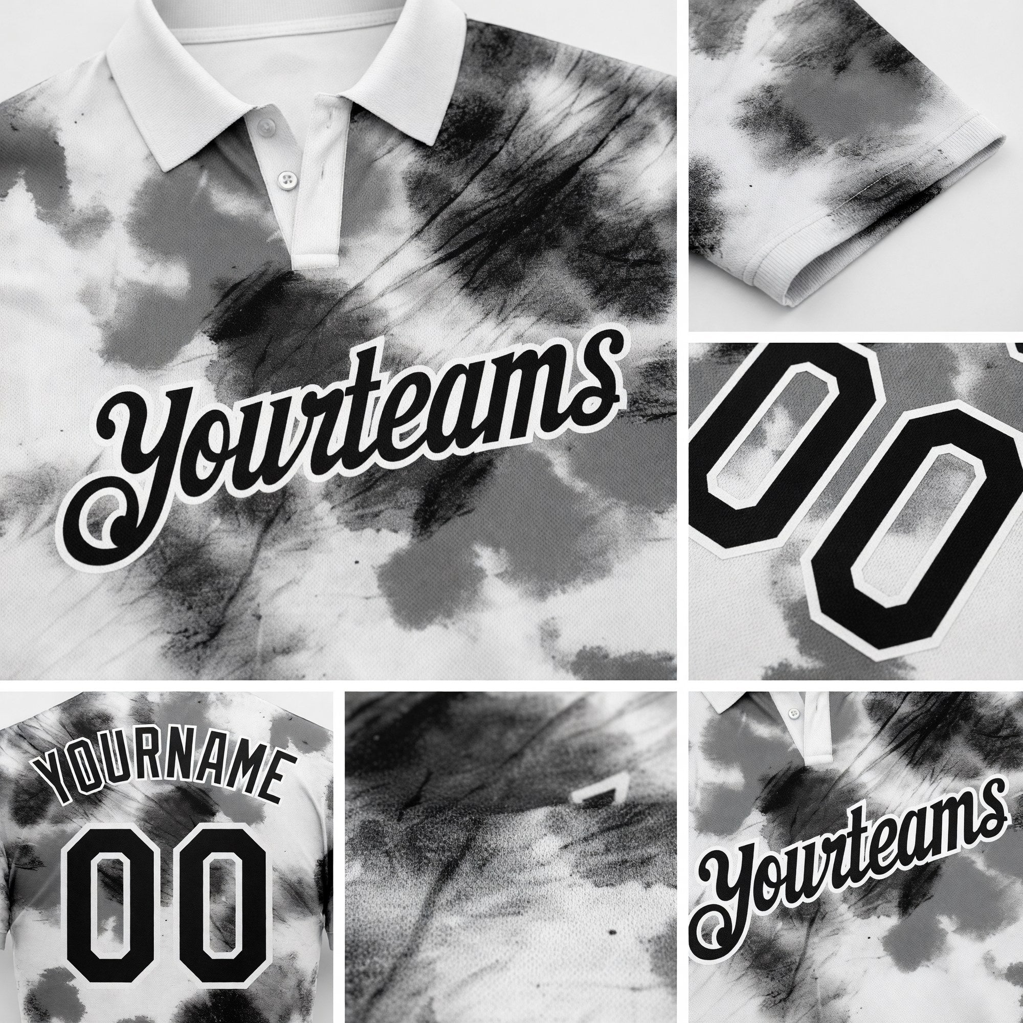 Custom Tie Dye Black-White 3D Performance Golf Polo Shirt detail
