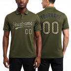 Custom Olive Camo-Black Performance Vapor Salute To Service Golf Polo Shirt worn front and back