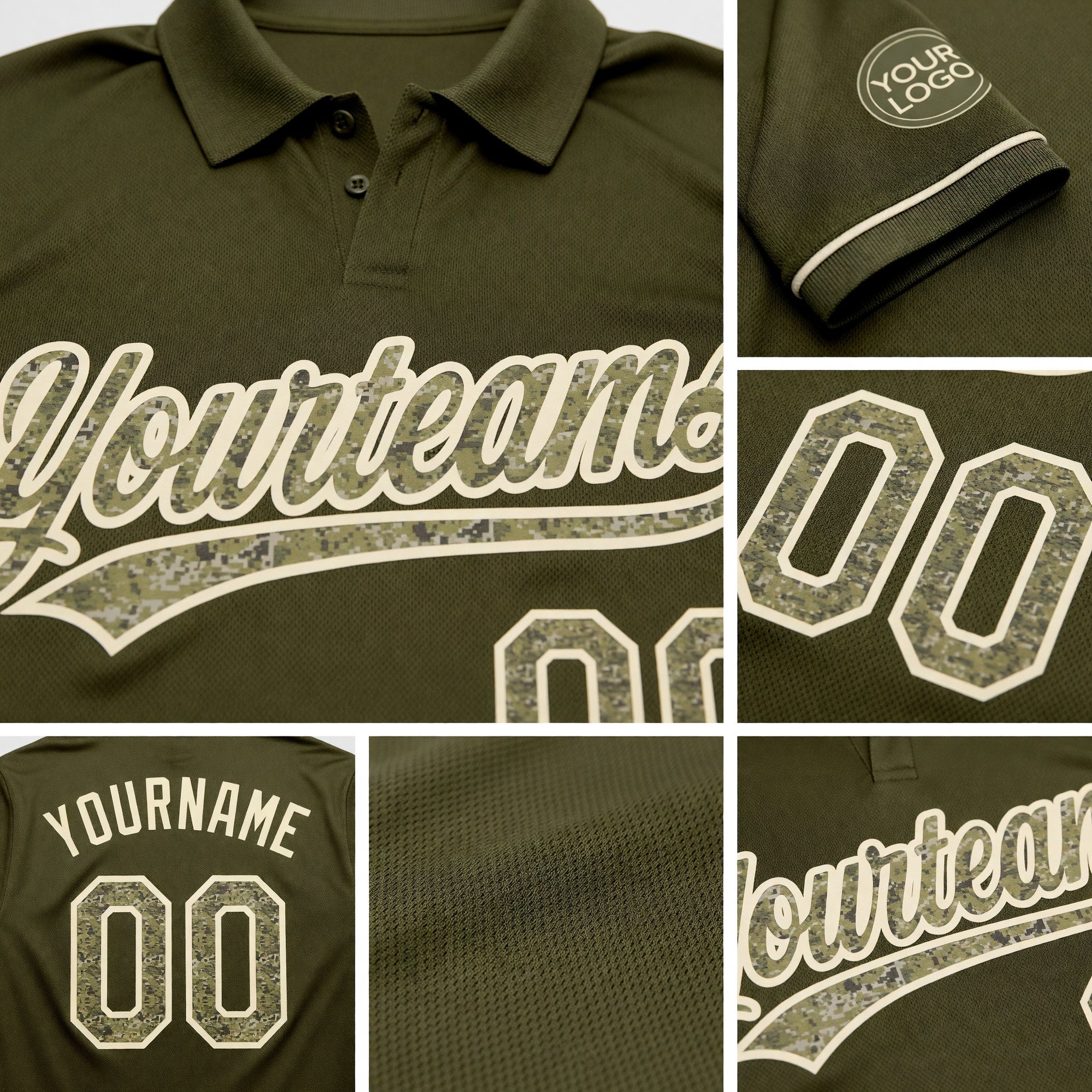 Custom Olive Camo-Cream Performance Vapor Salute To Service Golf Polo Shirt detail