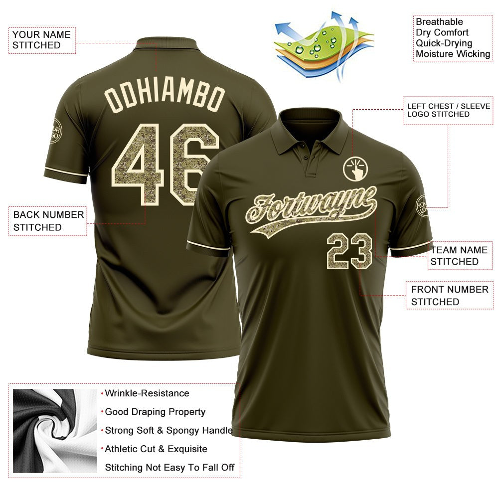 Custom Olive Camo-Cream Performance Vapor Salute To Service Golf Polo Shirt photo 3