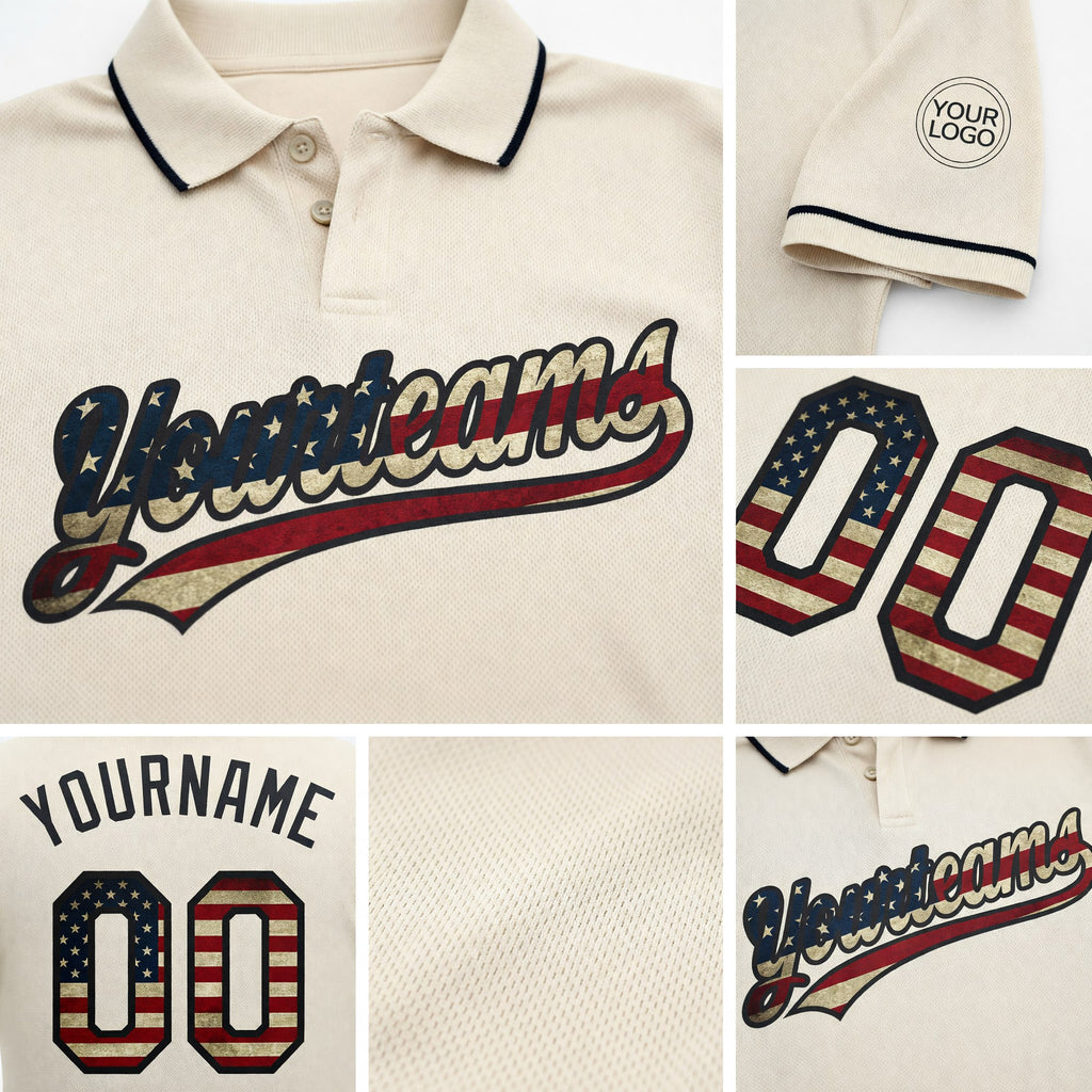Custom Cream Vintage USA Flag-Black Performance Vapor Golf Polo Shirt detail