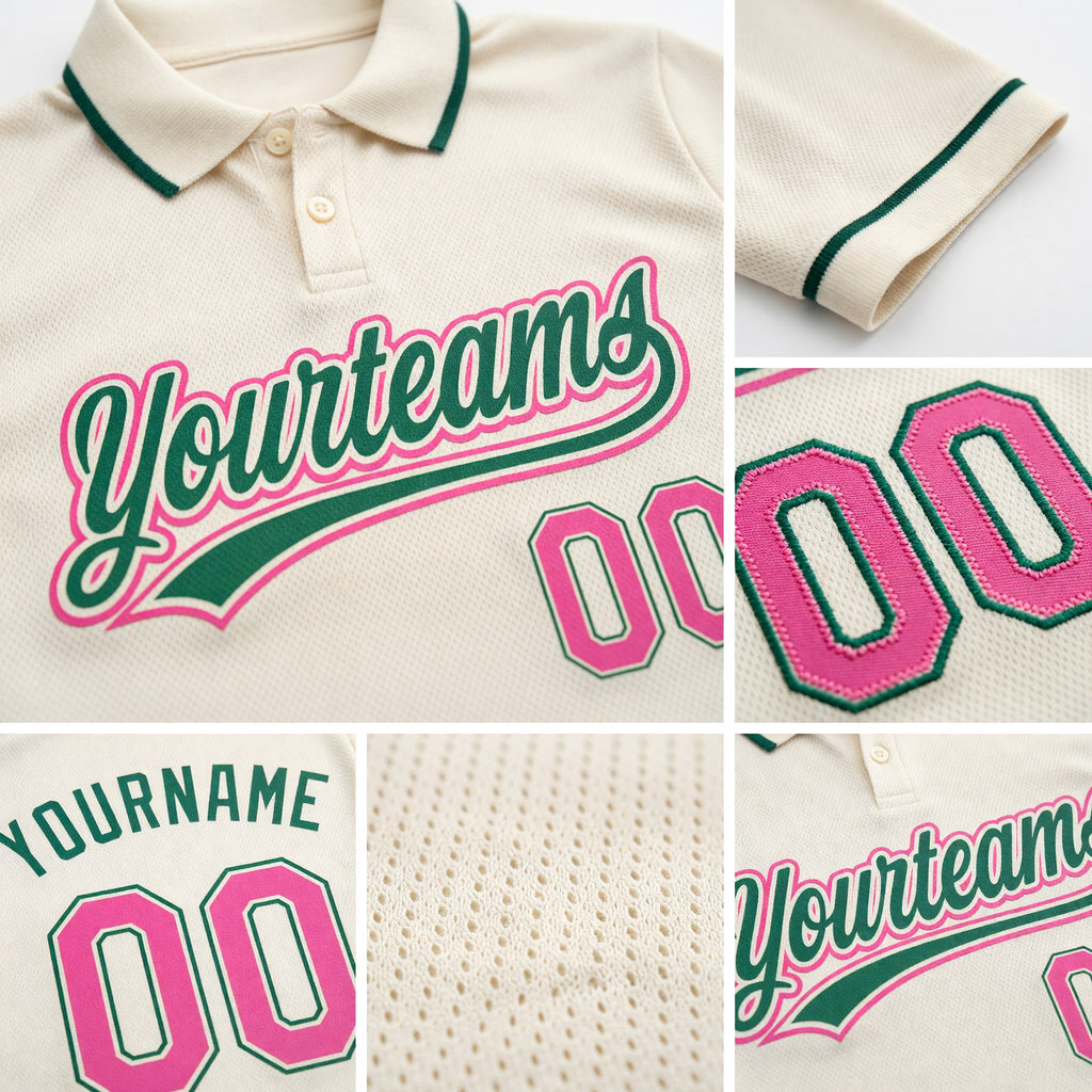 Custom Cream Pink-Kelly Green Performance Vapor Golf Polo Shirt detail