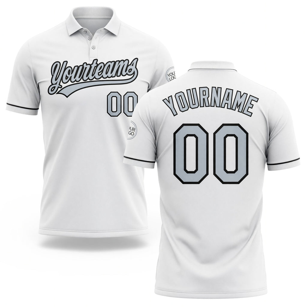 Custom White Silver-Black Performance Vapor Golf Polo Shirt