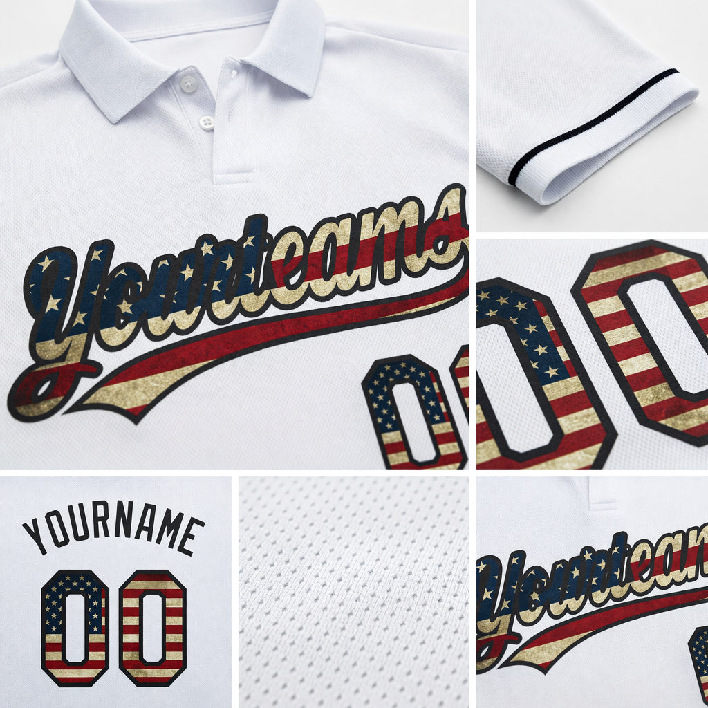 Custom White Vintage USA Flag-Black Performance Vapor Golf Polo Shirt detail