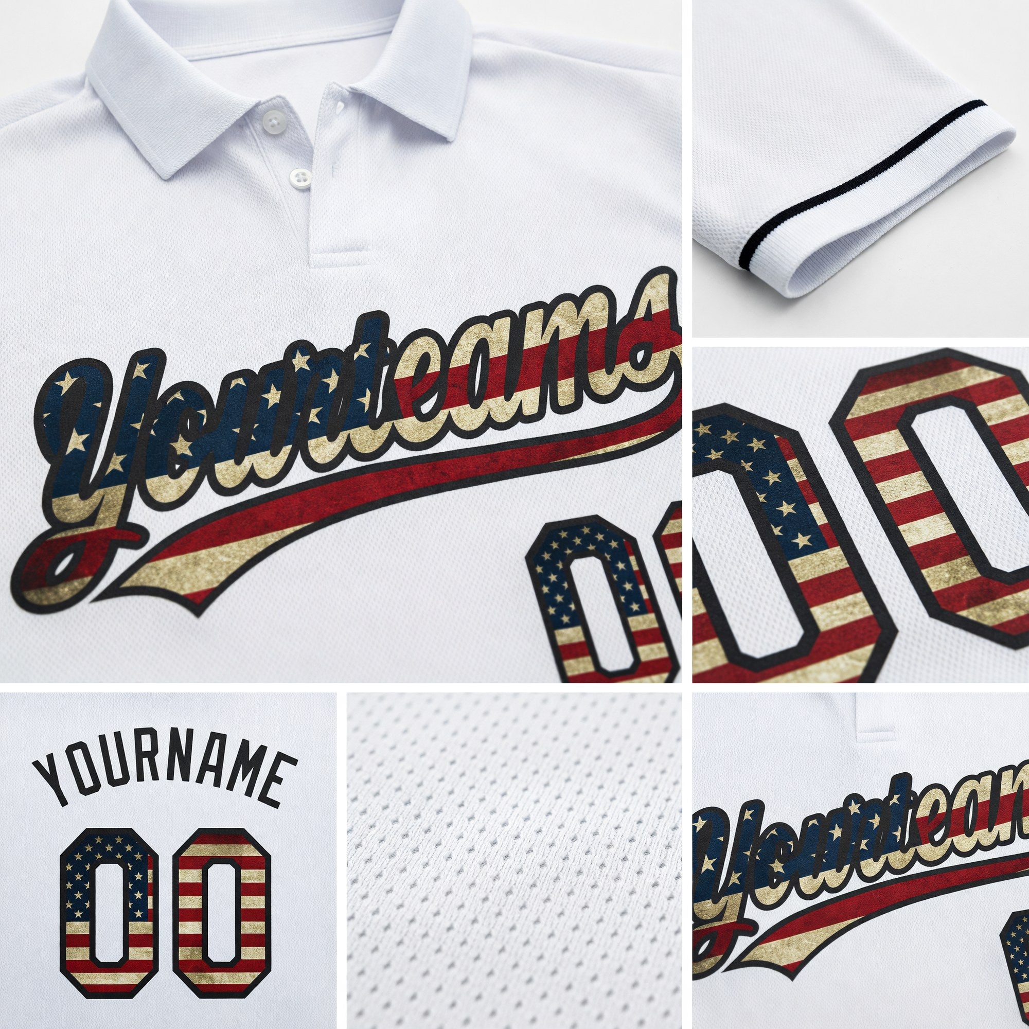 Custom White Vintage USA Flag-Black Performance Vapor Golf Polo Shirt detail