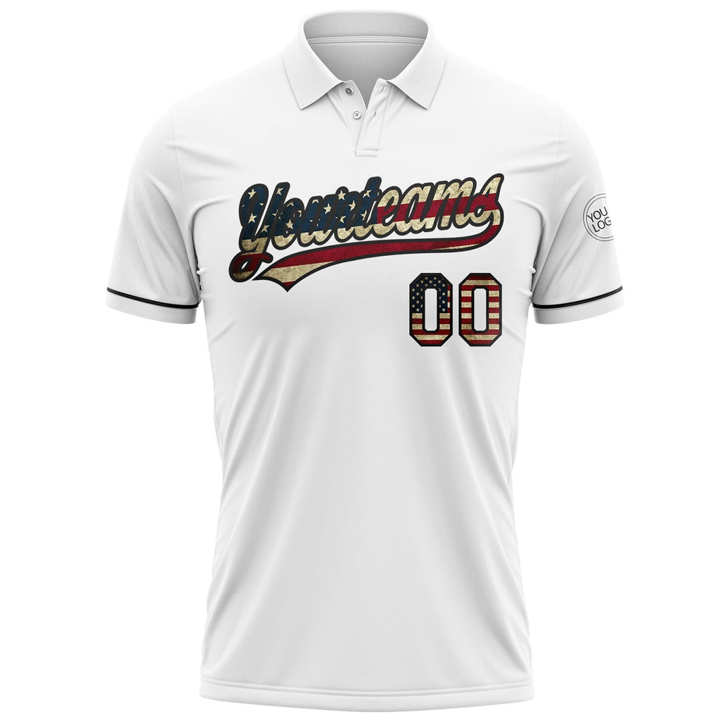 Custom White Vintage USA Flag-Black Performance Vapor Golf Polo Shirt photo 2