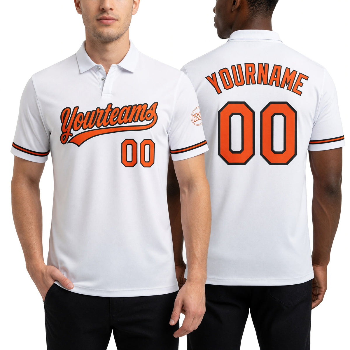 Custom White Orange-Black Performance Vapor Golf Polo Shirt worn front and back