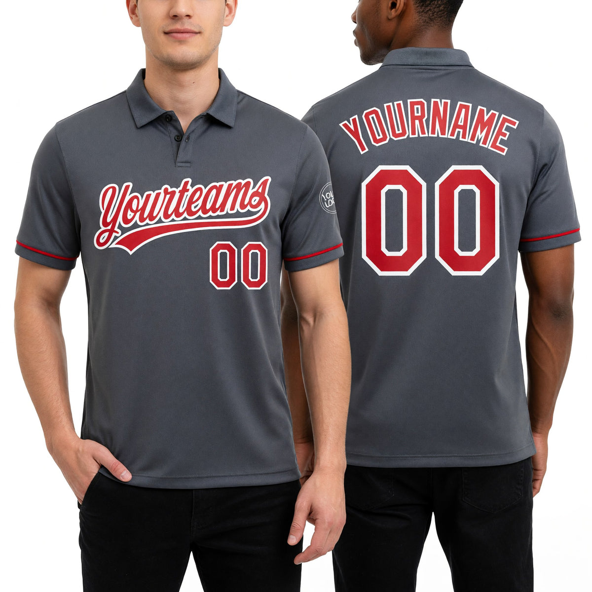 Custom Steel Gray Red-White Performance Vapor Golf Polo Shirt worn front and back